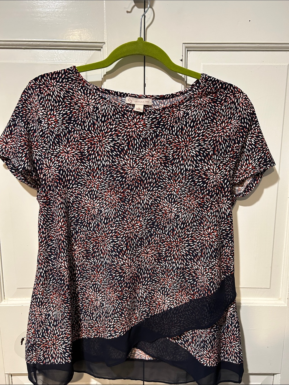 Dress Barn Navy Floral Short-Sleeve Blouse with Sheer Hem